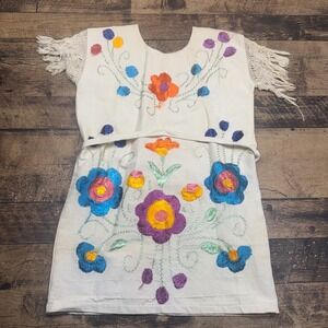 Hand Embroidered Floral Folk Art Dress with‎ Fringe Sleeves Cream canvas